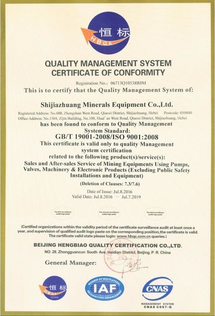 Китай Shijiazhuang Minerals Equipment Co. Ltd Сертификаты
